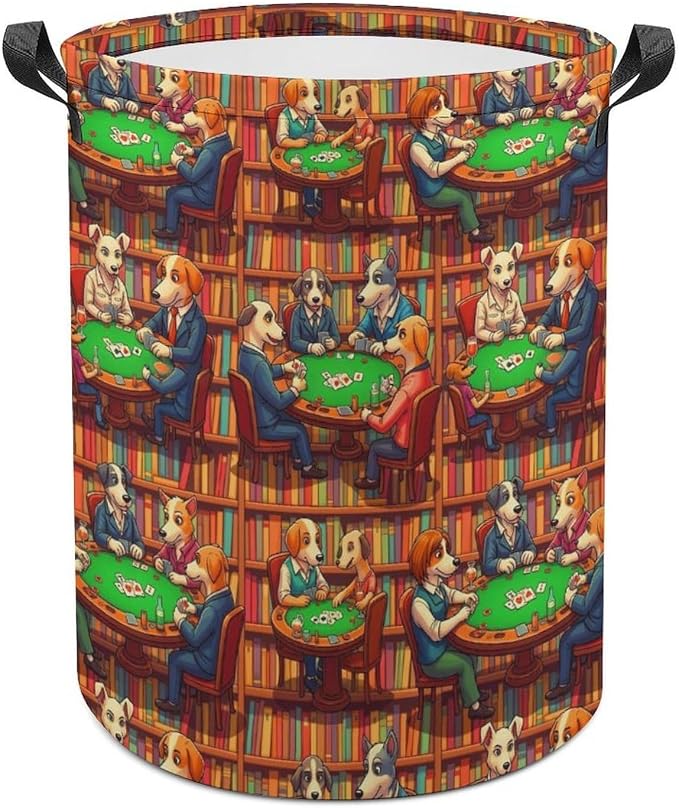 Waterproof Laundry Hamper with Handles Dogs Playing Poker Cards Library, Collapsible Basket for Clothing, Toy, and Towel Organization in Home and Nursery
