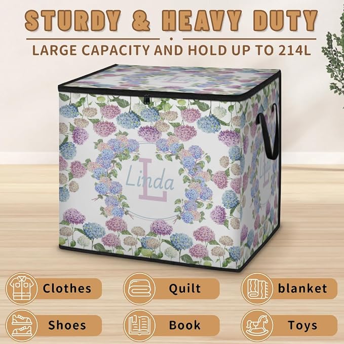 Custom Extra Large Storage Baskets with Lid, Personalized Initial Letter Storage Bins Basket Boxes Handles Clothes Blanket Bedroom Closet Organizing Shelves, Watercolor Blue Pink Hydrangea Floral