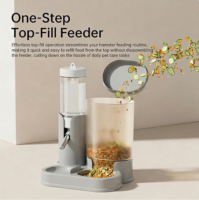 No Drip Hamster Water Bottle, 2 in 1 Automatic Hamster Water Dispenser & Food Bowl, Freestanding Small Animal Water Bottle Cage Accessories for Dwarf Hamster, Gerbil, Rat, Mice (Gray)