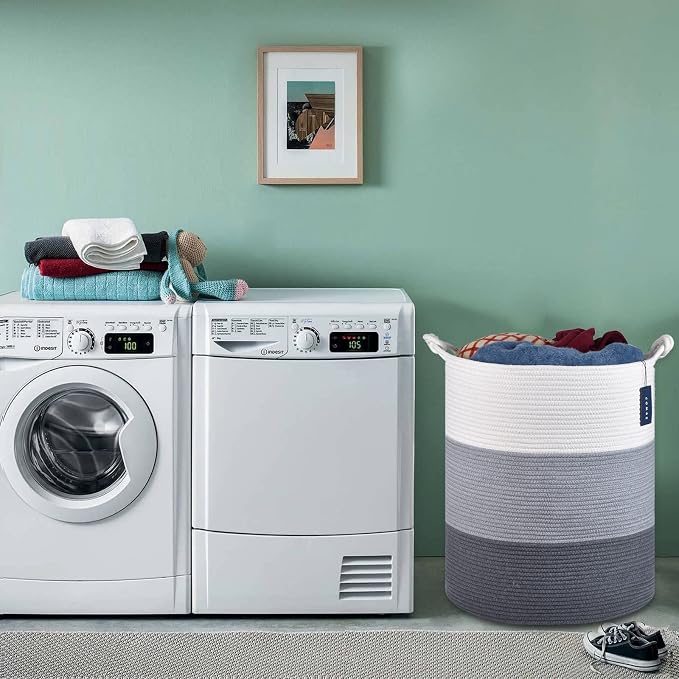 COMSE Laundry Hamper, Extra Large 15.7"x 21.7", Cotton Rope Basket, Portable, White & Light Gray & Dark Gray | 15.7”x 21.7”, Cotton Rope, Large Nursery Hamper for Storage of Toys Clothes Towels, Great for Living Rooms Bedrooms Bathrooms
