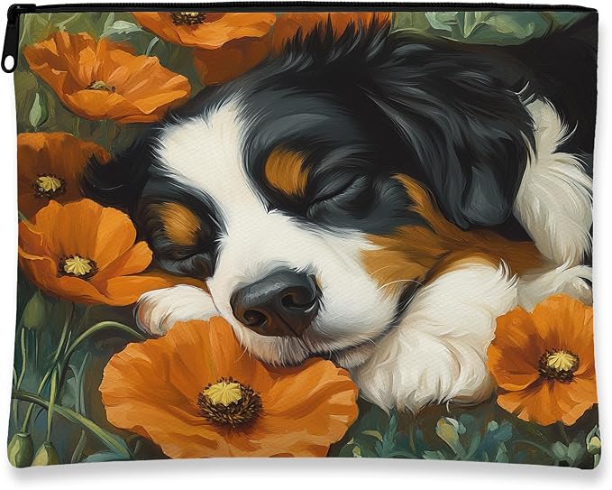 Fall Bernese Mountain Dog Makeup Bag, Funny Autumn Poppy Flowers Printed Cosmetic Travel Pouch for Women Girls, Pet Portable Small Canvas Zipper Organizer 7x9 Inch