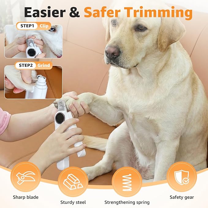 2-in-1 Dog and Cat Nail Grinder and Clipper - 3-Speed Adjustable Electric with Manual Head, Quiet Motor and LED Light for Safe Trimming, Professional Grooming Tool for All Pets
