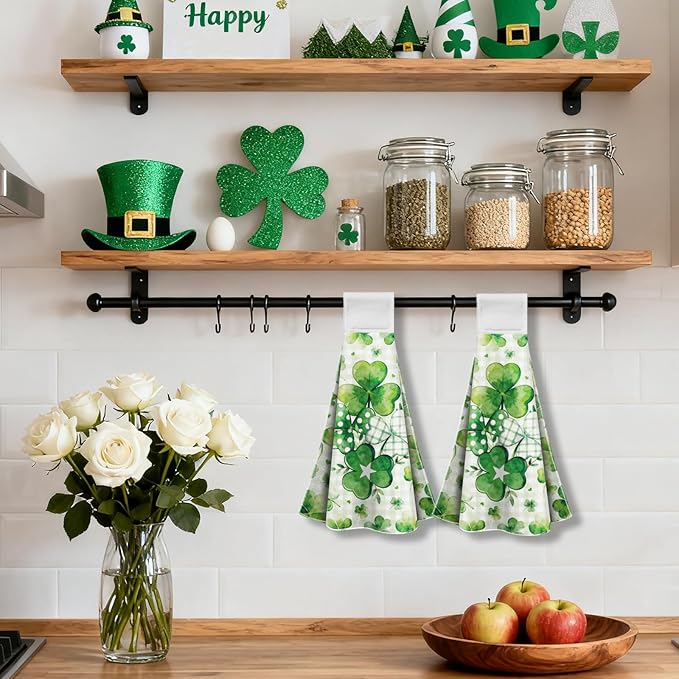 CUTHOLLOW Clover Print Hanging Kitchen Towels with Loop, Set of 2 - Soft & Super Absorbent Microfiber Decorative Dish & Hand Towel, Tea, Coffee Towel for Kitchen Bathroom Oven Handle