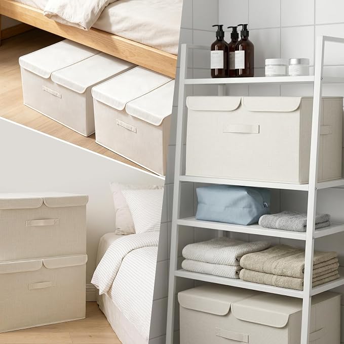 2 Pack Large Storage Boxes with Lids and Handles, Collapsible Linen Storage Bins Organizer Containers Baskets Cube with Removable Divider for Home Bedroom Closet Office (Cream, XL)