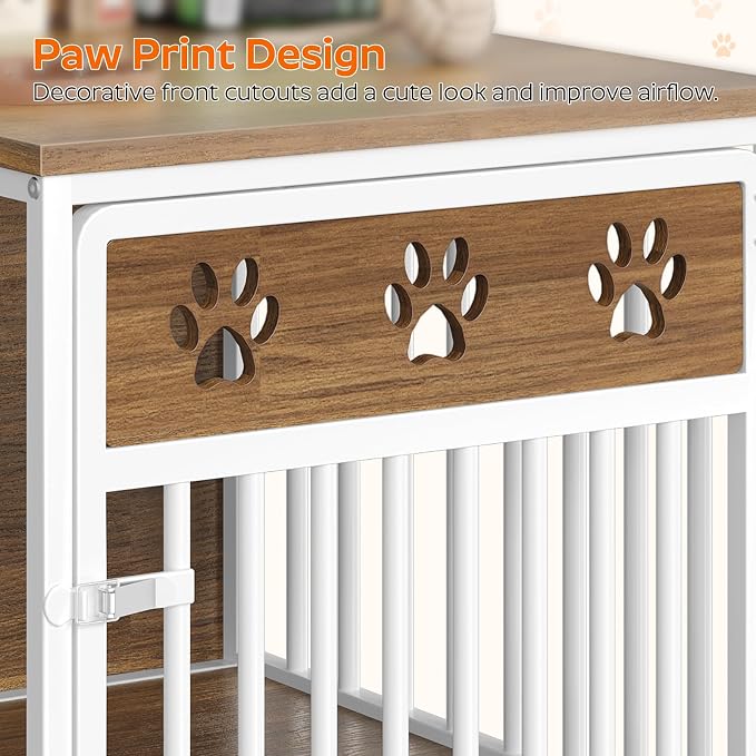 YATINEY Dog Crate Furniture, Wooden Dog Kennel with Storage, Indoor Pet Crate End Table, Two-Tier Small Dogs House, Chew-Proof, for Living Room, Bedroom, White and Walnut DC01WH