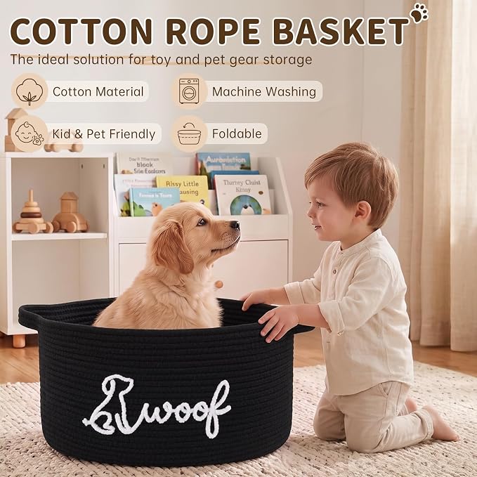 OIAHOMY 22L Large Dog Toy Basket, 16.5"x11.4"x9" Cotton Rope Basket with Cute Woof Embroidery, Soft Woven Pet Toy Box with Handles for Blankets, Leashes & Puppy Accessories, Decorative Organizer Black