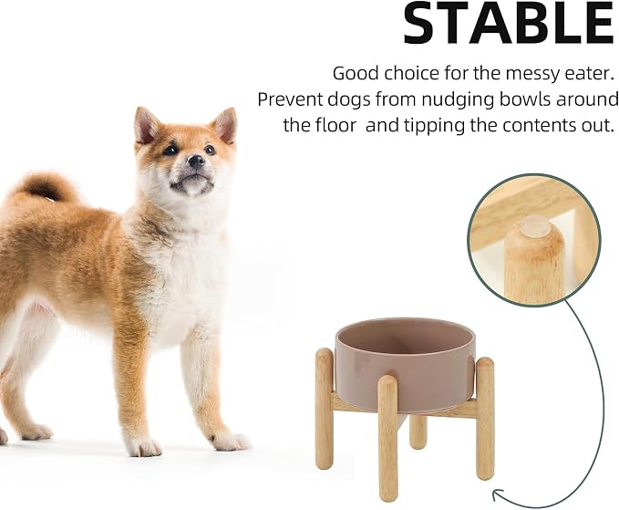 Havniva Ceramic Dog Bowls Elevated, Raised Dog Food Bowl for Small Dogs | 6.1” Elevated Dog Bowls, Non-Slip Wood Stand, Dog Food and Water Bowl Set, Dog Feeding Dish, Large Capacity Pet Water Bowl