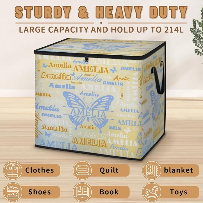 Personalized Storage Bins with Lid, Customized Name Jumbo Storage Basket Rectangle Clothes Organizer for Organizing Kids and Pets Toys Shelf Closet, Gradient Yellow Blue Butterflies