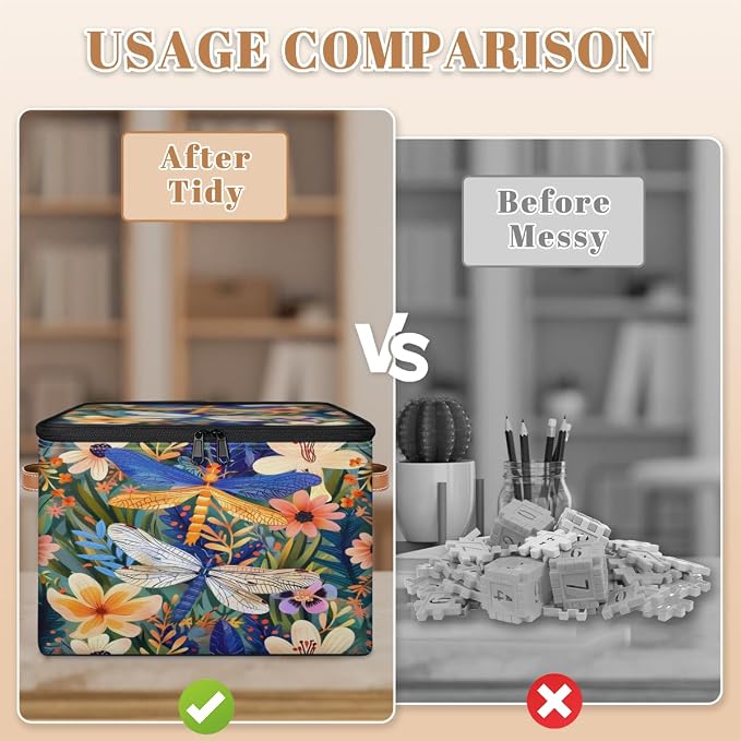 Storage Bin Dragonfly Florals Storage Baskets with Zipper Lid & Handle Foldable Closet Shelf Cloth Organizer Basket Cube Bins Clothes Organizer for Nursery, Bedroom