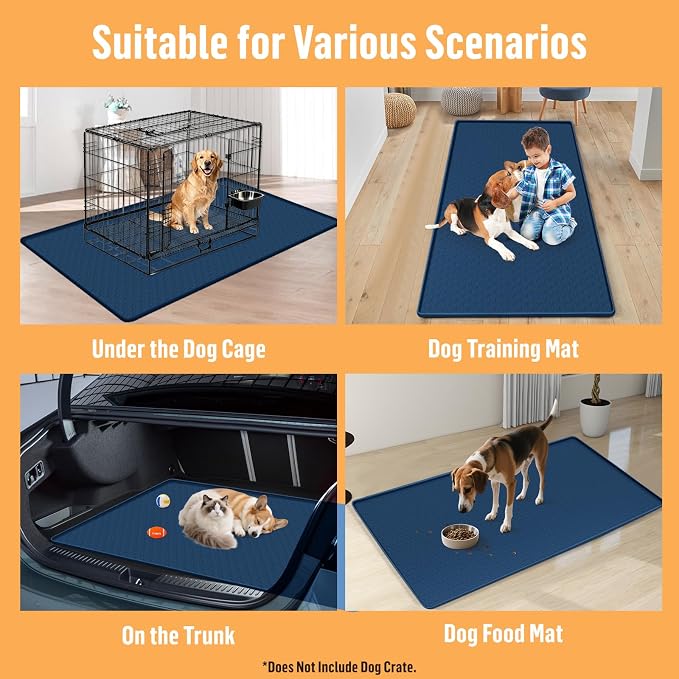 Silicone Dog Bed Mat 51"x 25.6" Crate Mat for Dog Cages, Blue | Extra Large Kennel Mat with Raised Edge, Washable, Leakproof, Waterproof Dog Mat for Crate, Dog Floor Mat to Protect Floors