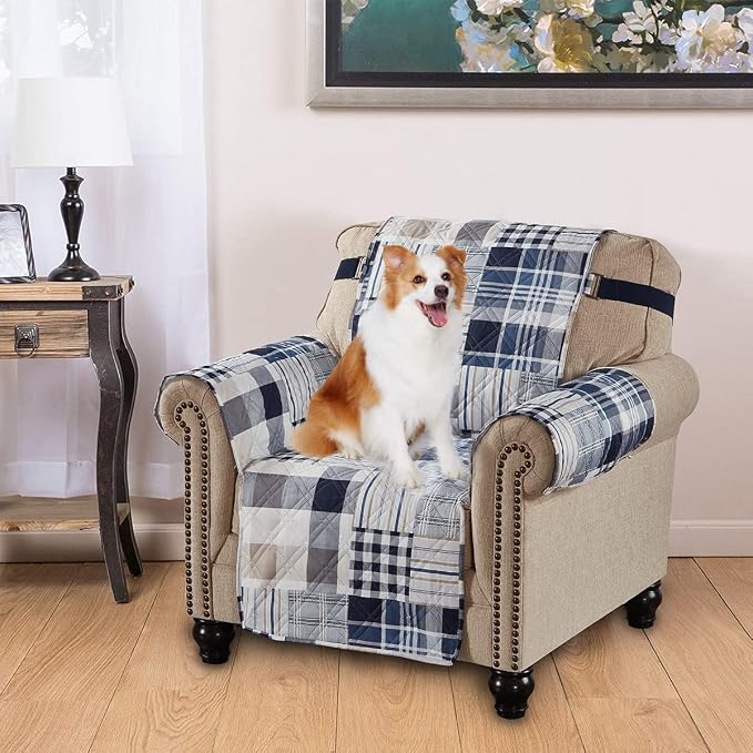 Brilliant Sunshine Blue Plaids & Stripes Couch Armchair Cover, 23" seat | Quilted Sofa Cover, Living Room & Bedroom Furniture Protector, Washable Chair Slipcover for Pets, Dogs & Cats