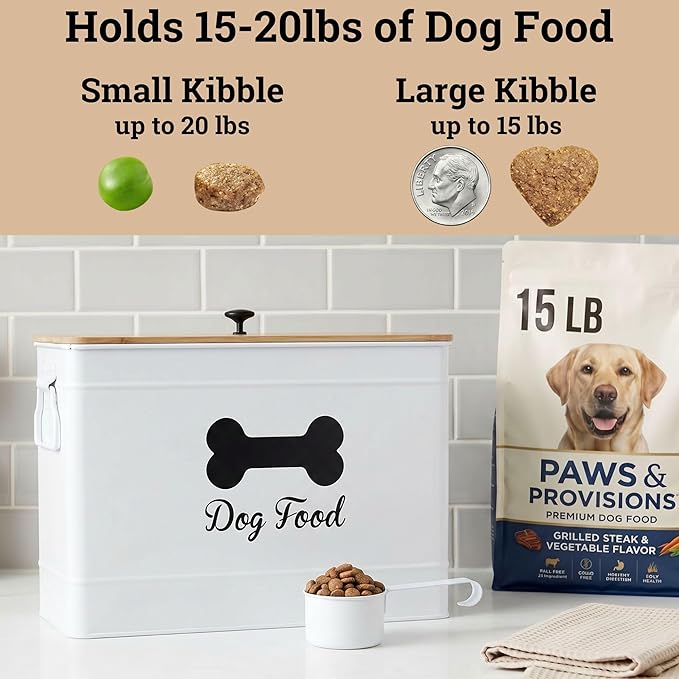 Metal Dog Food Container 15-20 lbs w/ Airtight Bamboo Lid, 70 Cup Capacity | Pet Jar For Dogs up to 100lbs, Airtight Bamboo Lid, Sturdy Comfortable Metal Handle, Powder Coated Iron, Kibble Storage Bin
