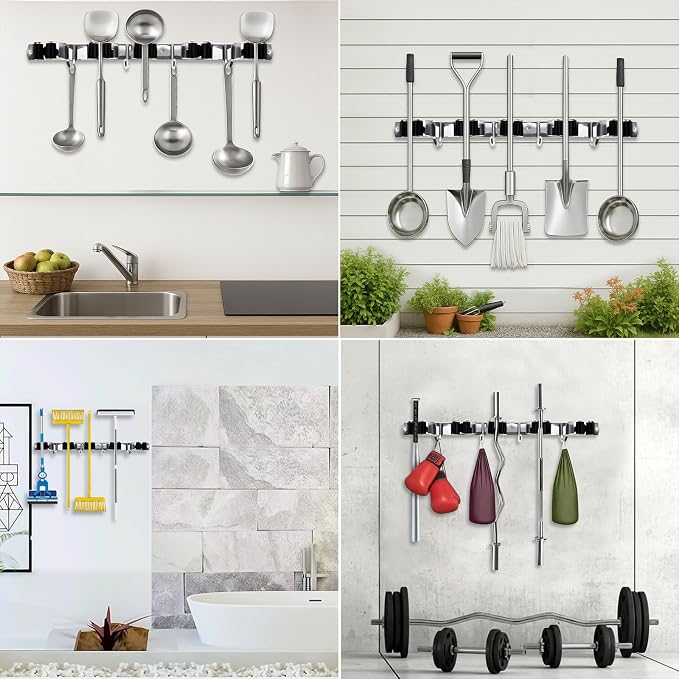 2 Packs 5 Racks and 4 Hooks Mop and Broom Holder Wall Mount | SUS304 Heavy Duty Self Adhesive Solid Non-slip Broom Organizer Storage Tool Racks, for Home Kitchen Garden Laundry Garage
