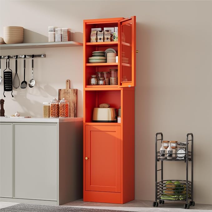 YAUWOH 2-Door Metal Storage Cabinet, Tall Slim Pantry Organizer with 3 Adjustable Shelves (120LBS/Shelf), Anti-Tipping Waterproof Cabinet for Bathroom/Kitchen/Home Office/Small Spaces,(1PC,Orange)