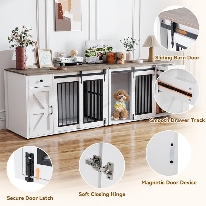 Verano Garden 88" Dog Crate Furniture, Dog Kennel Cage, White (88") | 2-in-1, Lockable, Decorative, Sliding Door, Removable Divider, Adjustable Shelf, Farmhouse, Heavy Duty, Small Medium Dogs