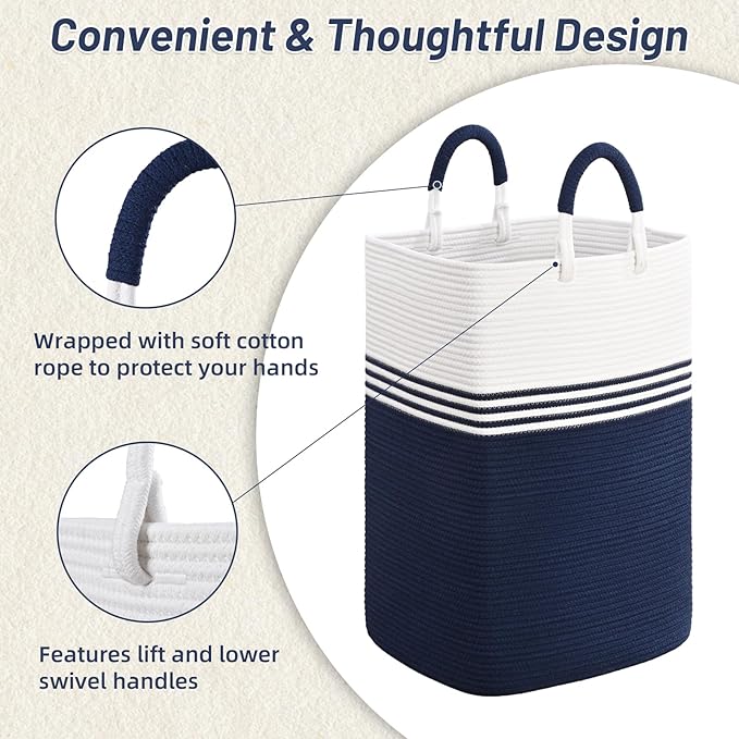 Laundry Basket Hamper,Blanket Storage,Dirty Clothes Hamper with Swivel Handles,Woven Cotton Rope Toy Baskets,Blanket Basket Living Room,Decorative Hampers for Nursery,Bedroom,White & Blue,80L