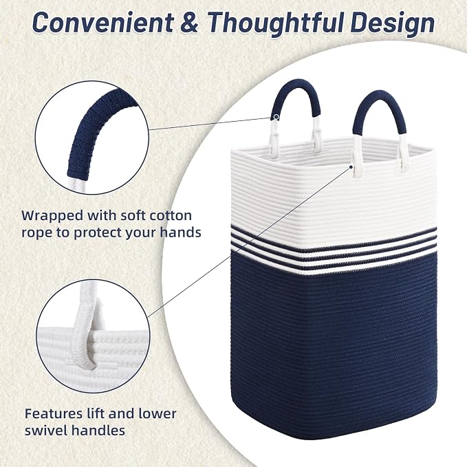 Laundry Basket Hamper,Blanket Storage,Dirty Clothes Hamper with Swivel Handles,Woven Cotton Rope Toy Baskets,Blanket Basket Living Room,Decorative Hampers for Nursery,Bedroom,White & Blue,60L