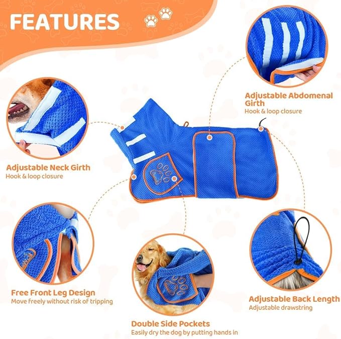 SlowTon Dog Bathrobe Drying Coat – Super Absorbent Microfiber Towel Wrap with Adjustable Collar & Belly Strap, Fast Drying Bath Robe for After Bath Swim, for Large, Medium, Small Dogs (Blue XS)