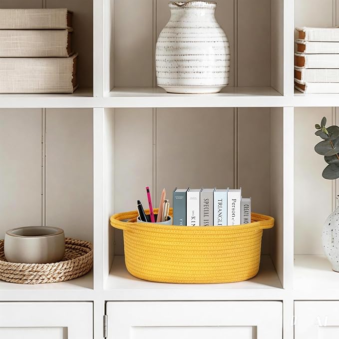 Small Yellow Woven Basket, 13"x 9"x 5" Gift Basket Empty, Cotton Rope Kids Dog Cat Toy Bin Box, Cute Baby Nursery Easter Organizer, Decorative Storage with Handle, Yellow Room Decor