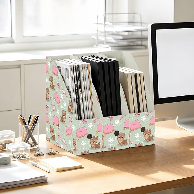 SPRIPORT Pet Dog Bow Green Print Water Repellent PP Magazine File Holder Organizer for Desk, Foldable Storage Rack for Library Office School Document Sorter with Labels 23x30x10cm (3 Pack)