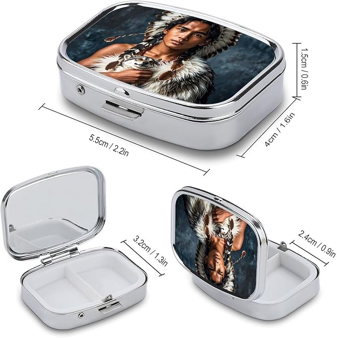Indigenous People and Wolves Pill Box 2 Compartment Medicine Pill Case Portable Pill Organizer for Pocket Or Purse Decorative Metal Medicine Vitamin Organizer