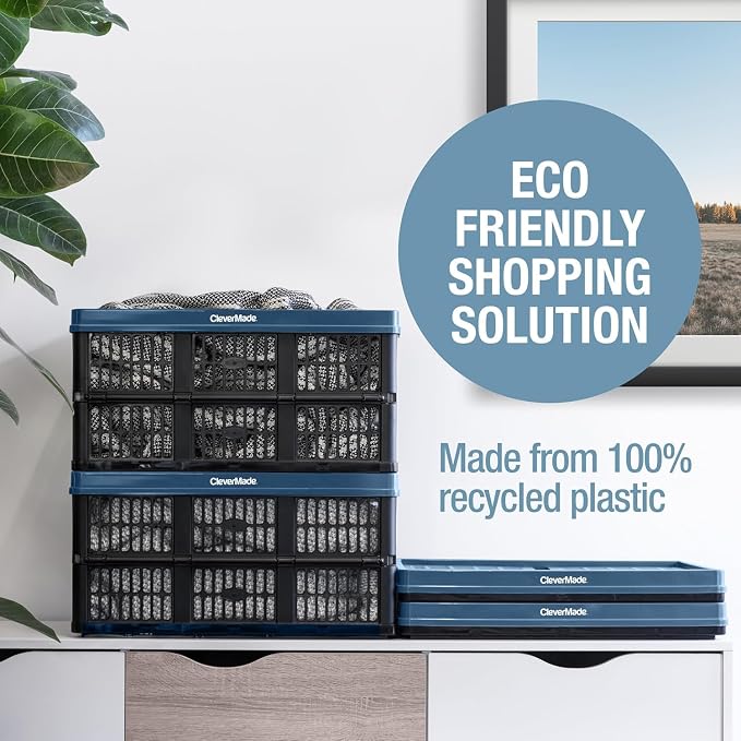 CleverMade Collapsible Utility Crate (Recycled) - 45L - Ocean (3PK) | Create Stackable Order for Groceries, Tools, and Gear | Each Crate Holds 66 lb, Folds Under 3 Inches, and Carries Easily