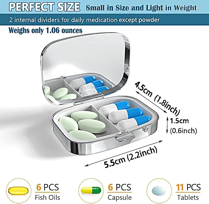 ABLESKY Pill Box, 2 Compartment Pill Organizer Case for Pocket or Purse, Small Portable Metal Travel Medicine Box with Mirror, Daily Vitamins Fish Oil Container-Bee Retro Beautiful Mushroom