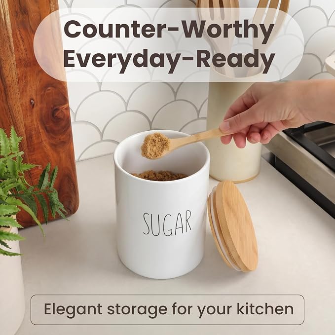 Arthausen Sugar Ceramic Storage 4 Cup / 1080mL Container w/Bamboo Lid Silicone Seal & Spoon, Modern Abstract Art Design for Flour Coffee Spice Airtight Storage on Kitchen Counter Bathroom Organizer