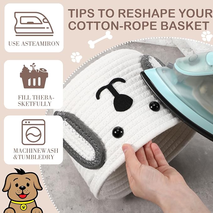 Zopeal Dog Woven Basket, 7.9" D x 6" H Cotton Rope Toy Storage Organizer, Dog Mom Gift Empty, Cute Laundry Puppy Gift Animal Basket for Clothes, Towels, Toy, Laundry, Bathroom, Home(White, Gray)