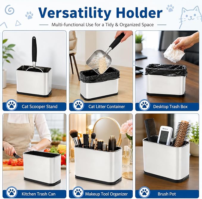 FHTONGE Stainless Steel Cat Litter Scoop Holder for Most Pet Poop Shovels | Detachable Easy Clean Metal Cat Scooper Caddy, Universal Pet Pooper Stand Trash Can Container,Kitten Waste Scoops Storage Box
