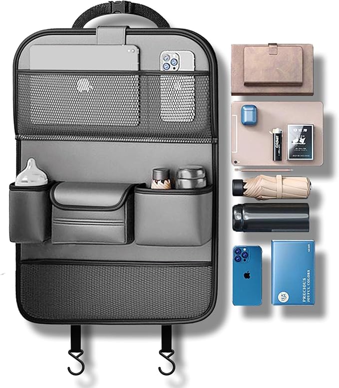 Leather Car Seat Back Organizer with Foldable Tray Table, Backseat Car Organizer with Tablet Pocket, Cup Holders, Tissue Pocket, Mesh Pockets, Kick Mat, Gray, 1 Pack