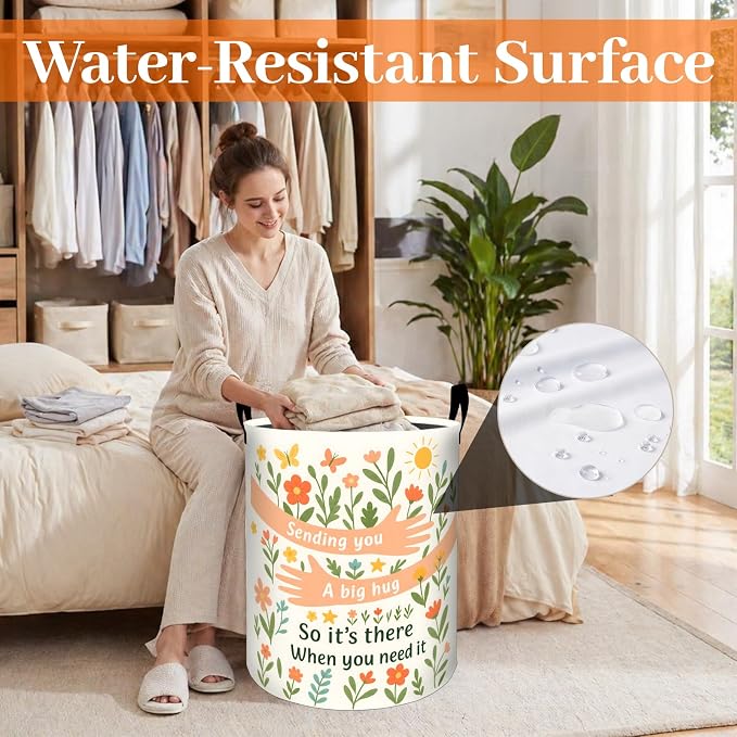 Hug Quote Laundry Basket, Whimsical Floral Hand Oxford Cloth Dirty Clothes Collapsible Hamper for Room Decor, Get Well Gifts, Toy Organizer 19.7 x 15.7 Inches for Bedroom Bathroom Dorm