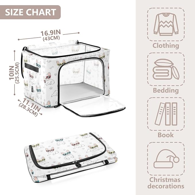 Funny Pets Dogs White pattern Under Bed Storage Containers with Double Zipper Openings, Foldable Clothes Storage Bins with Clear Window and Handles for Comforters Blankets Bedding