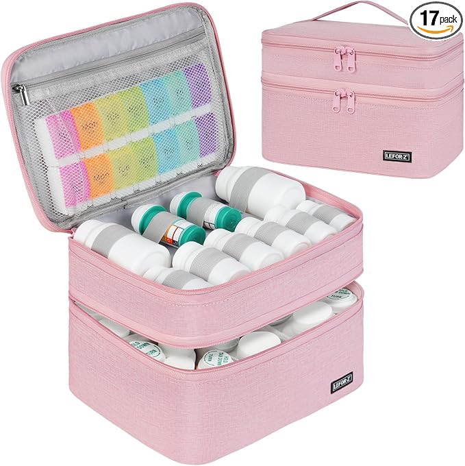 LEFOR·Z Medicine Bag,Double Layers Pill Bottle Organizer Travel Bag Empty | Medical Supplies Storage Bag with Lockable Zipper & Adjustable Divider,Medication Carrying Bag for Pills,Vitamins,Pink