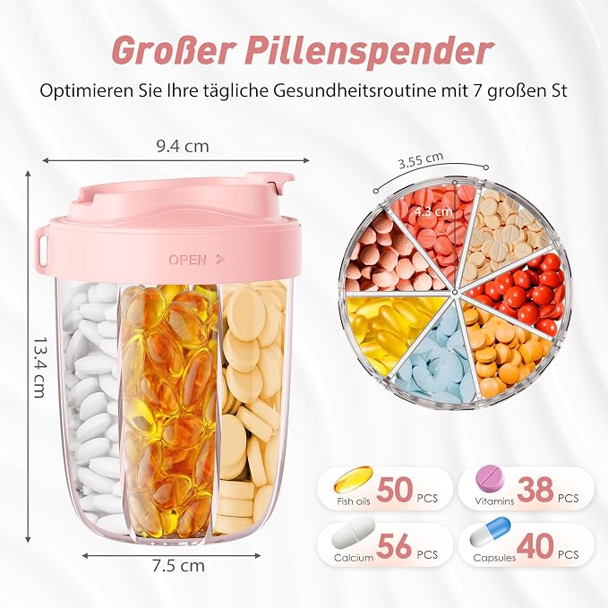 Tablet Box 7 Days in the Morning in the Evening | Round with 7 Large Subjects & Anti-Confusion Design | Width Opening, BPA-Free & Portable | for Medication, Vitamins, Fish Oil, etc. （Pink）