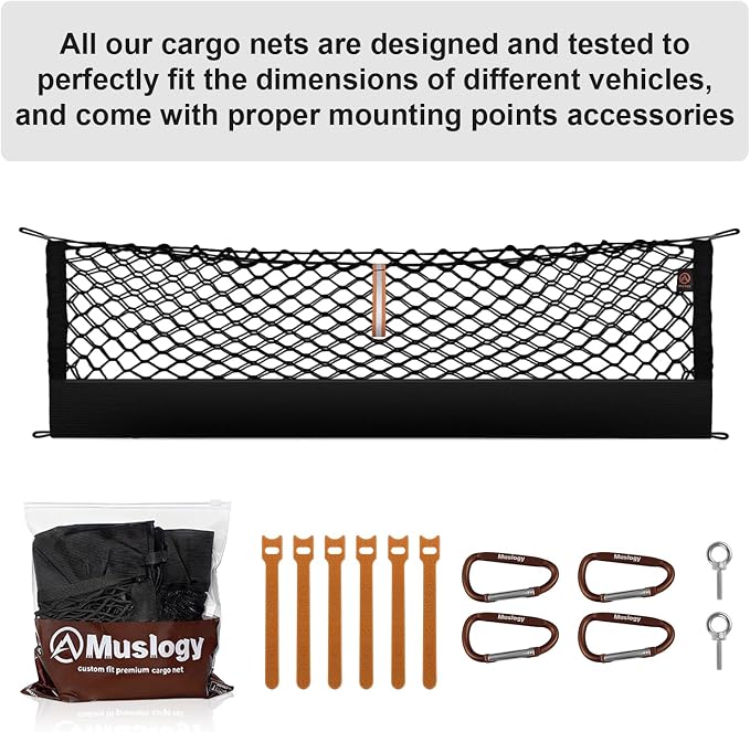 Muslogy Cargo Net for 2025 2026 Subaru Forester SK Accessories | Custom Fit, Trunk Storage Organizer Net for SUV Sedan Van Divider, with Heavy Duty Carabiners, Night Visible Grab Handle
