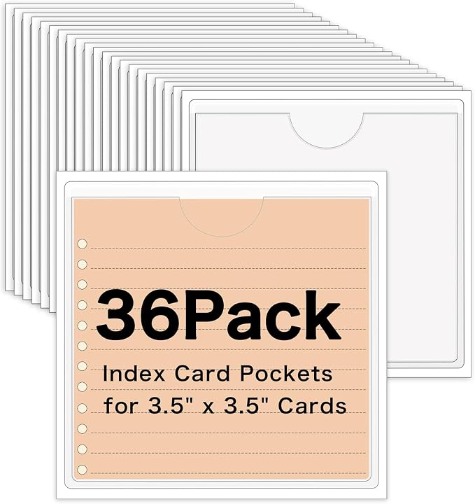 36 Pack Adhesive Index Card Pockets, 3.5" x 3.5", Clear, Top Open | Clear Pvc, Self-Adhesive Backing, Top-Loading Design, For Bins, Shelves, Totes, Office And Library Use