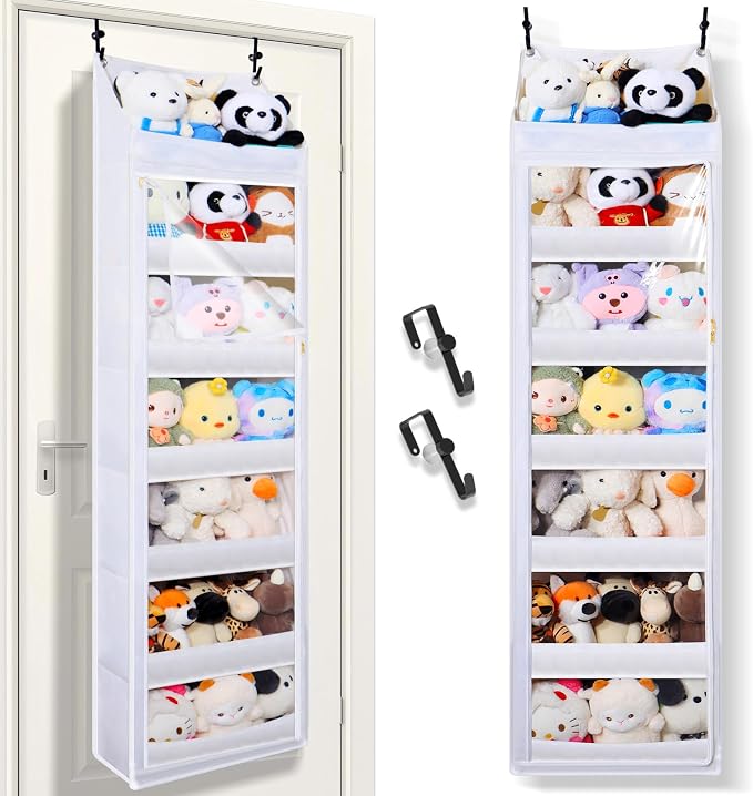 Over the door stuffed animal storage, dust-proof door organizer hanging,【holds up to 70 lbs】Ideal for organizing on doors, such as yarn storage, plush toys, diapers, and other small to medium items.