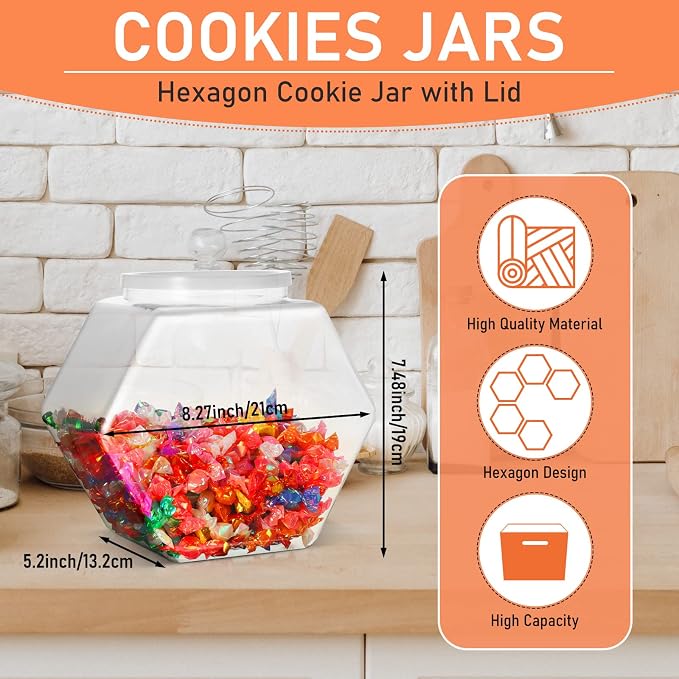 EBOOT 4 Pieces 1 Gallon/ 129 oz Plastic Candy Cookie Jars Large Hexagon Cookie Jar Bulk with Lid Clear Candy Containers for Kitchen Counter Laundry Pod Storage Container Dry Food Dog Treats Craft