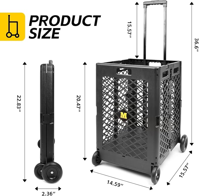 MaxWorks Foldable Rolling Utility Cart, Collapsible Hand Dolly with Telescoping Handle, 70 lbs Capacity, Lightweight Plastic Storage Crate, 16.5" x 15" x 39", No Assembly Needed