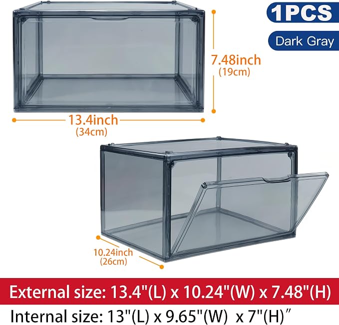 1 Pack Acrylic Grey Shoe Boxes for Flat,Loafer &Small Space, Fit Size 13 | Magnetic Side Door, Space-saving Clear Shoe Storage Boxes, Acrylic Display Case, Shoe Containers for Entryway & Sneaker