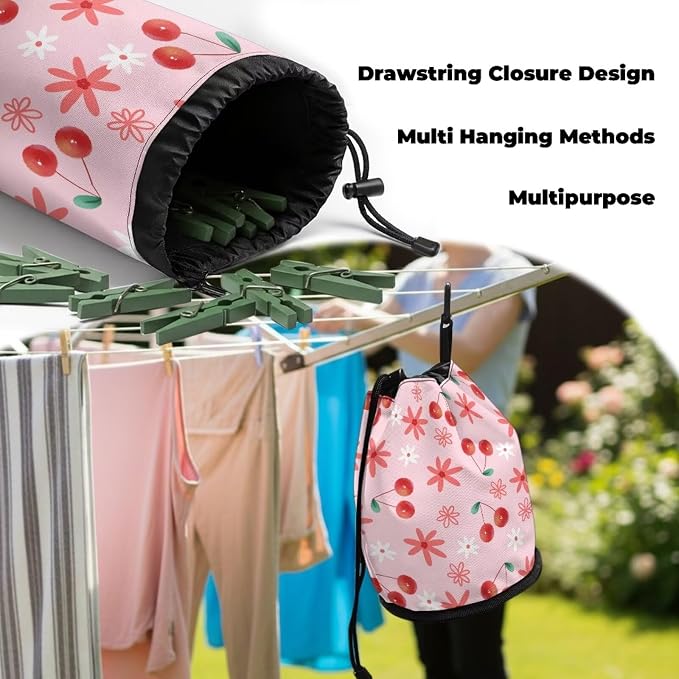 Cherry Floral Clothespin Bag Holder Outside, Multiple Hanging Methods Clothes Pin Bag with Drawstring Closure, Ventilation Clothespin Storage Organizer with Hooks