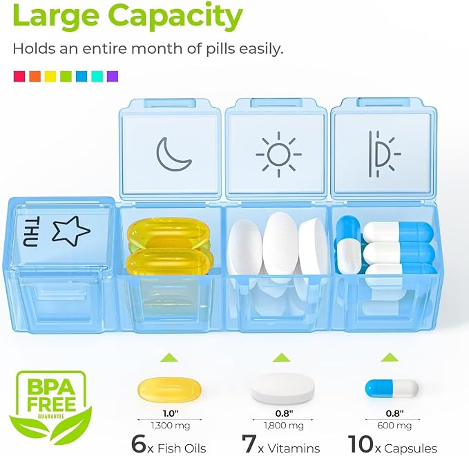AUVON Large Moisture-Proof Weekly Pill Organizer 4 Times a Day, BPA-Free | 7 Day Pill Box Case with Portable Design for Travel, Removable Individual Containers Hold Vitamins, Supplements, Medications