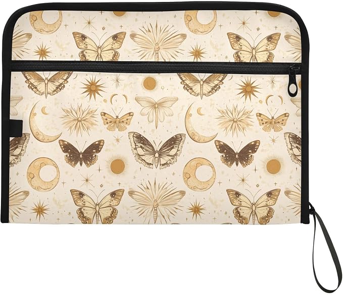 13 Pocket Zipper Expanding File Folder A4 Moon Butterfly | Accordion File Organizer with Front Pouch A4 Letter Size Portable Folders for Documents Receipt School Office Supplies