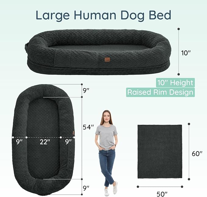 ChiXnuggle Orthopedic Human Dog Bed,with Faux Fur Washable Cover,Blanket | dark grey,72*40*10,giant dog bed for adult or extra large dogs,egg crate foam,non-slip bottom