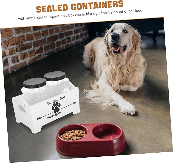 HOMSFOU Wooden Dog Treat Container Box with Airtight Lid and Double Jars, Pet Food Storage Organizer for Household Use, White Crate Suitable for Dog Snacks and Biscuits