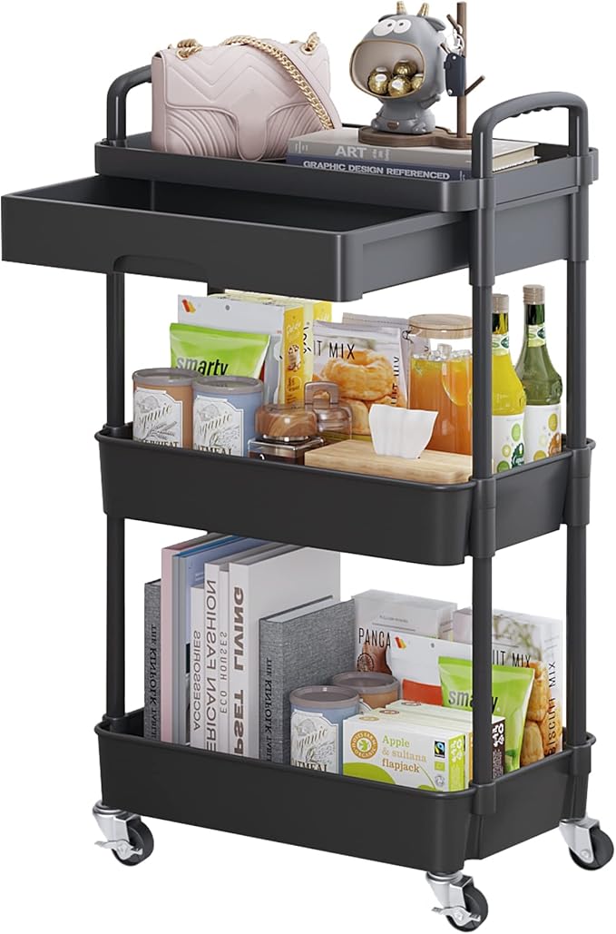 Calmootey 3-Tier Utility Cart with Drawer & Wheels, Storage for Home,Office | Space-Saving Organizer, Sturdy Plastic Shelves, Smooth-Rolling Metal Wheels, Built-in Drawer for Small Items, Black