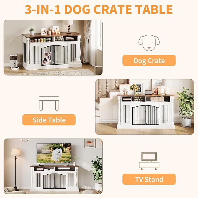 63" Large Dog Crate Furniture for Small & Medium Dogs, Roman Column Kennel Furniture with Semi-Open Storage, TV Stand Dog Cage Table, Heavy Duty Indoor Dog Kennel, White+Rustic Brown Top