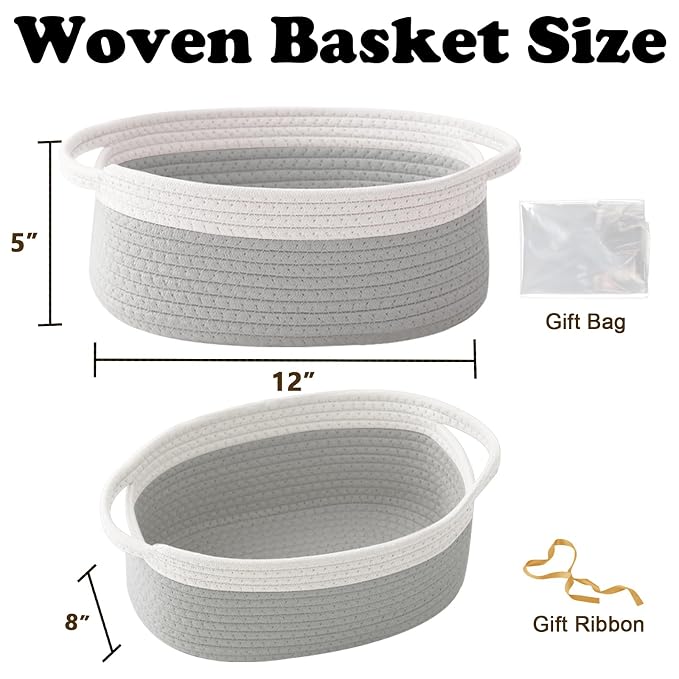 Small Woven Rope Basket with Handles, White&Grey | Empty Gifts Basket with Bag and Ribbons, Cute Handle Organizer Box, Birthday/Baby Shower, Toy Storage