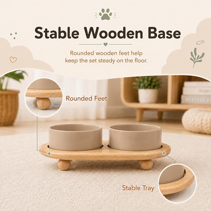 Havniva Raised Cat Bowl 5.1” Elevated Ceramic Cat Food and Water Bowl Set | Cat Bowls Elevated, Whisker Friendly Cat Bowl, Non-Slip Wood Stand, Food-Grade Ceramic, Wide Opening, Dishwasher Safe